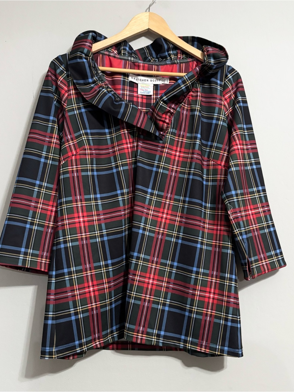 Gretchen Scott Holiday Plaid Ruffle Neck Mid Sleeve Blouse Top